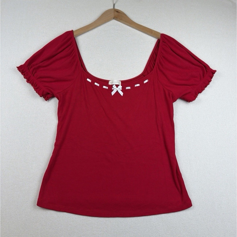 Frankee & Skylarr Cottagecore Ribbed Knit Top Sz 2X Plus Red Feminine Romantic